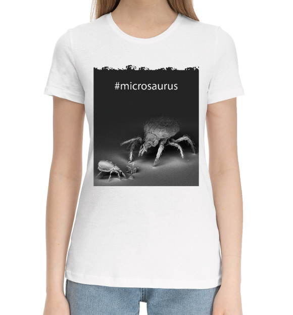 Женская хлопковая футболка с изображением Микрозавр цвета Белый