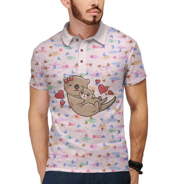 Мужское поло с изображением Милая выдра с детенышем цвета Белый