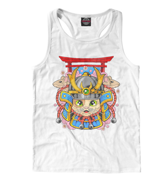 Мужская майка-борцовка с изображением Кот самурай цвета Белый