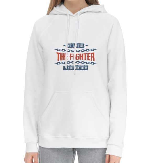 Женский хлопковый худи с притом THE FIGHTER цвета Белый Женский хлопковый худи с изображением THE FIGHTER цвета Белый