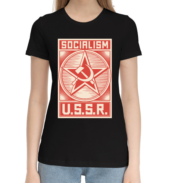 Женская хлопковая футболка с изображением СССР - Социализм цвета Черный