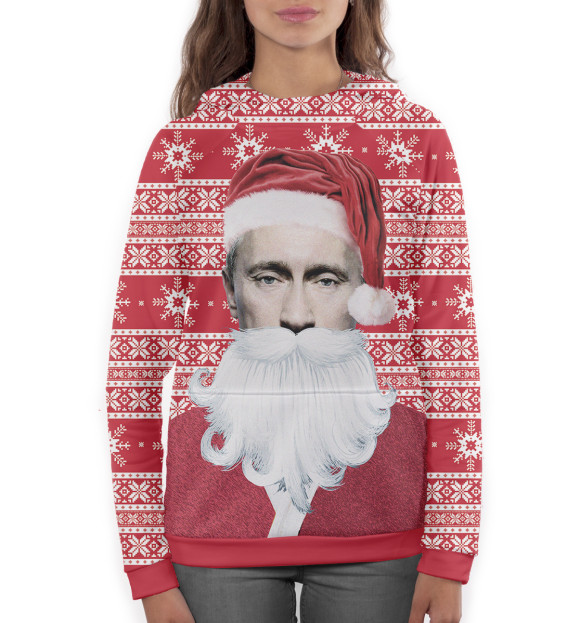 Женское худи с изображением Путин Дед Мороз цвета Белый