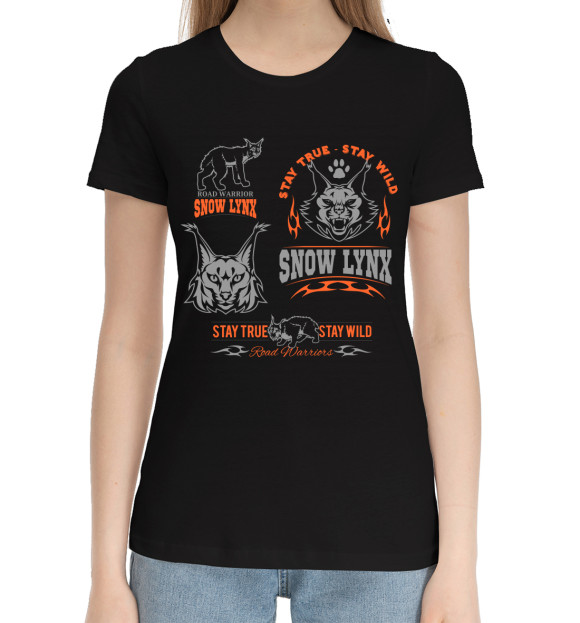 Женская хлопковая футболка с притом Рысь цвета Черный Женская хлопковая футболка с изображением Рысь цвета Черный