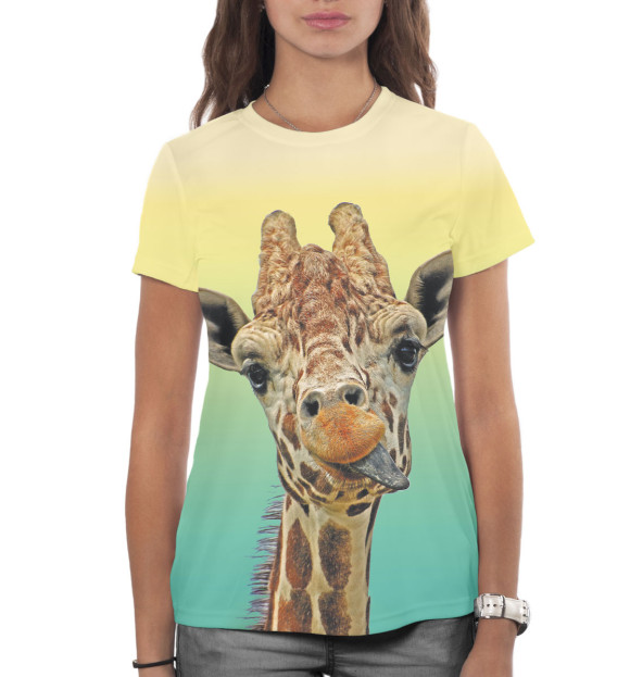 Женская футболка с изображением Жираф с языком цвета Белый