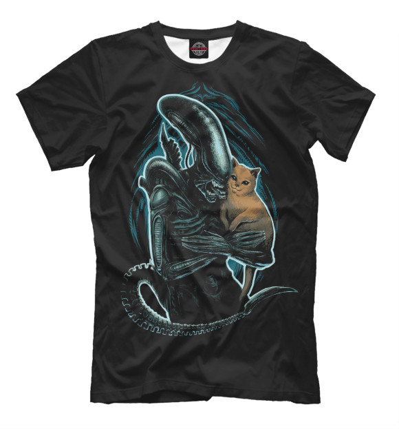 Мужская футболка с изображением Ксеноморф и котик цвета Черный