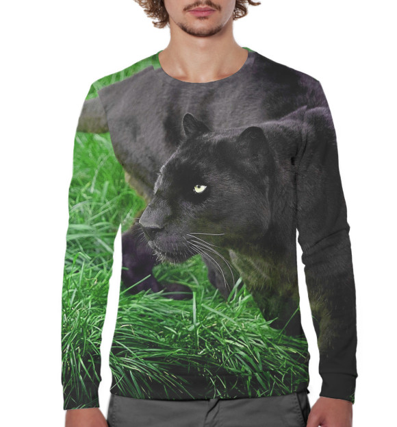 Мужской свитшот с изображением Пантера на траве цвета Белый
