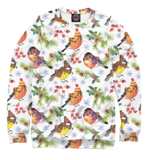 Женский свитшот с изображением Снегири и синицы цвета Белый