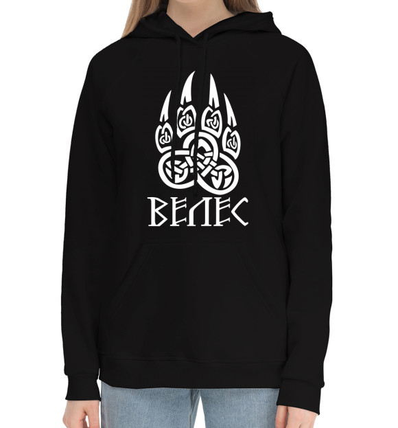 Женский хлопковый худи с изображением Печать Велеса цвета Черный