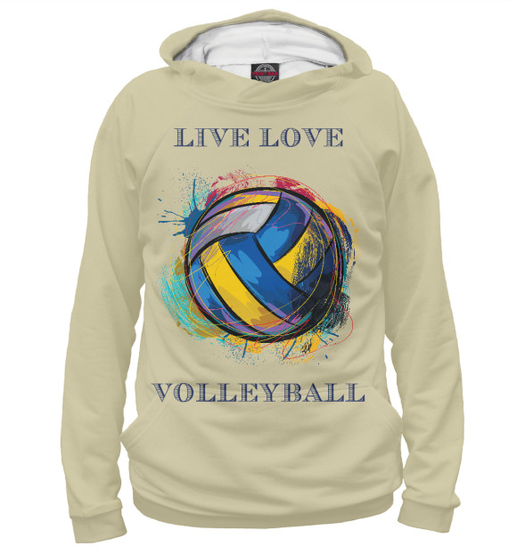 Мужское худи с изображением LIVE LOVE VOLLEYBALL цвета Белый