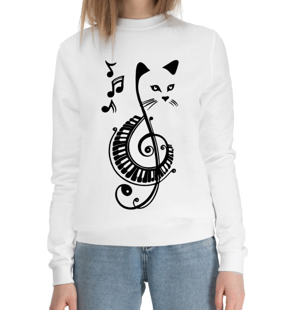 Женский хлопковый свитшот с изображением Музыкальный Котик цвета Белый