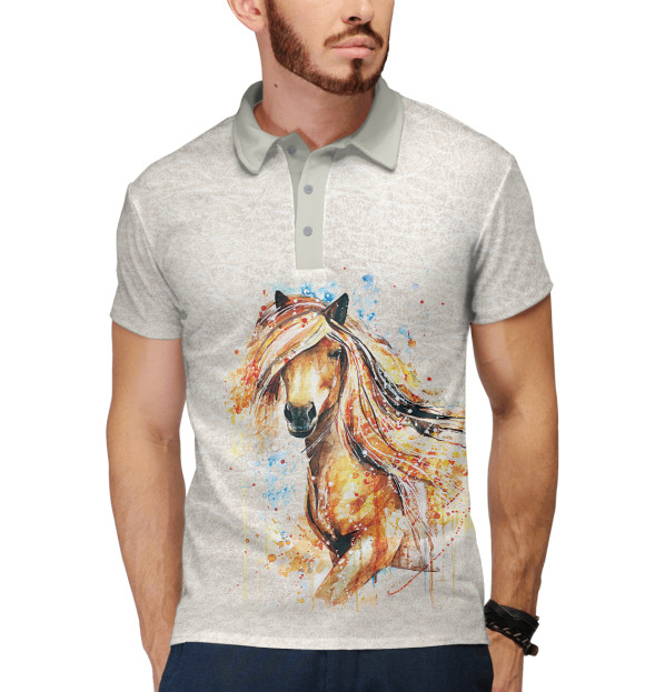 Мужское поло с изображением Конь акварель цвета Белый