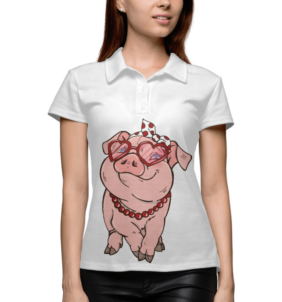 Женское поло с притом Свинка модница цвета Белый Женское поло с изображением Свинка модница цвета Белый