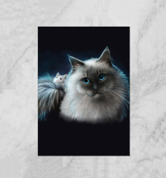 Плакат с изображением Кошка и мышка цвета Белый