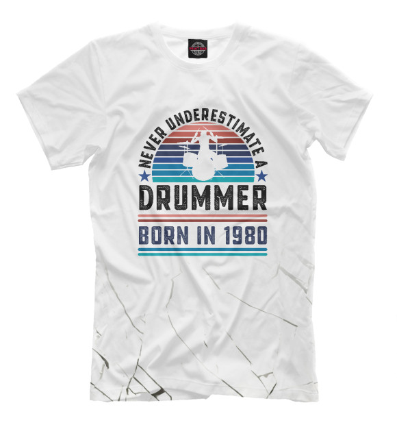 Мужская футболка с изображением Drummer born 1980 цвета Белый