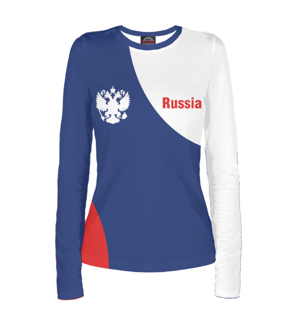 Женский лонгслив с притом Герб и триколор цвета Белый Женский лонгслив с изображением Герб и триколор цвета Белый