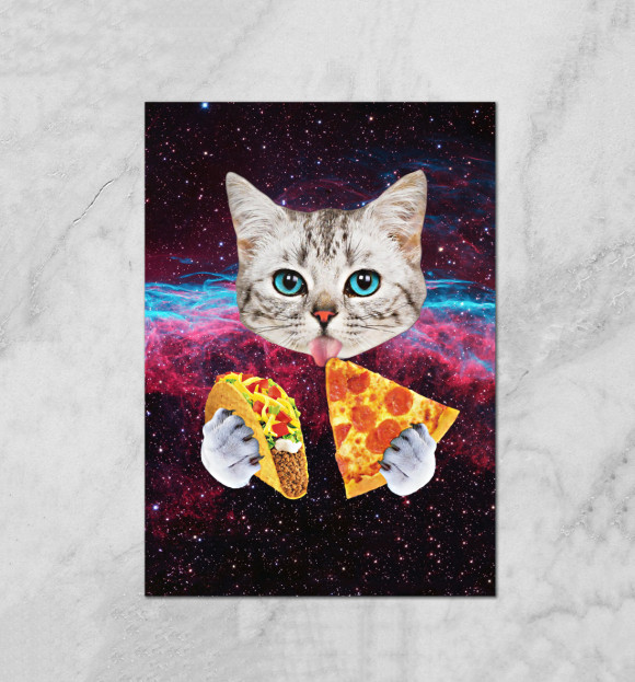 Плакат с изображением Котик с Пиццей цвета Белый