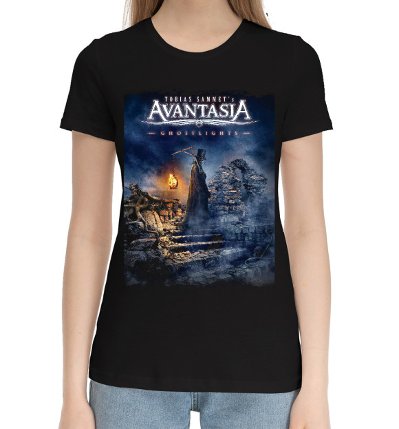 Женская хлопковая футболка с притом Avantasia цвета Черный Женская хлопковая футболка с изображением Avantasia цвета Черный
