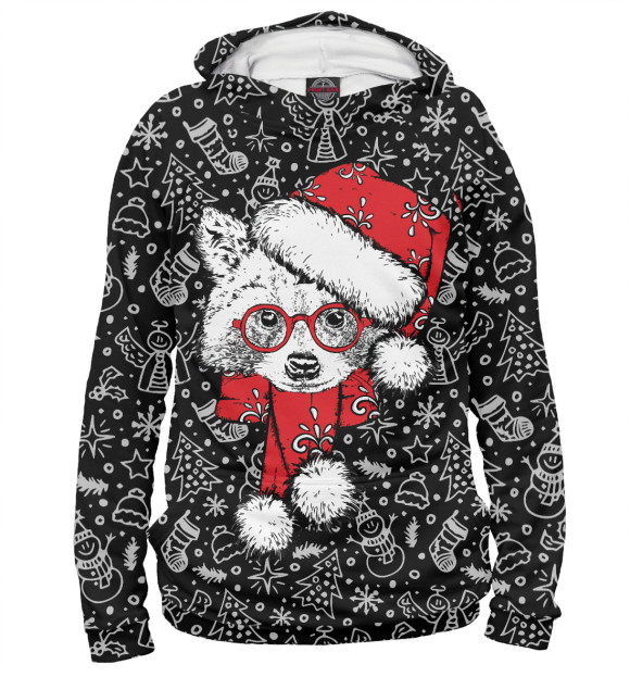 Мужское худи с изображением Енот Санта цвета Белый