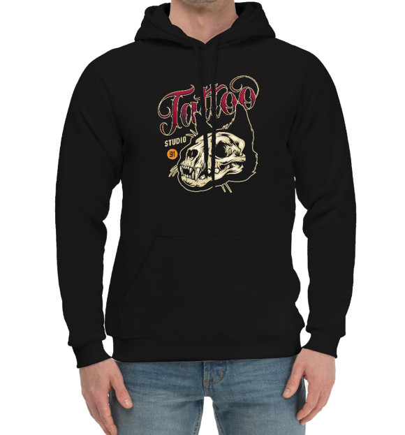 Мужской хлопковый худи с изображением Тату Студия цвета Черный