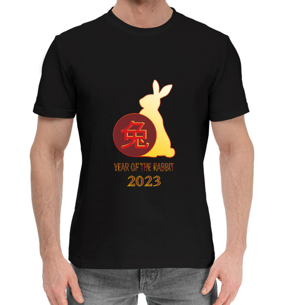 Мужская хлопковая футболка с изображением Китайский кролик цвета Черный