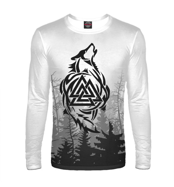 Мужской лонгслив с изображением Валькнут и Волк цвета Белый