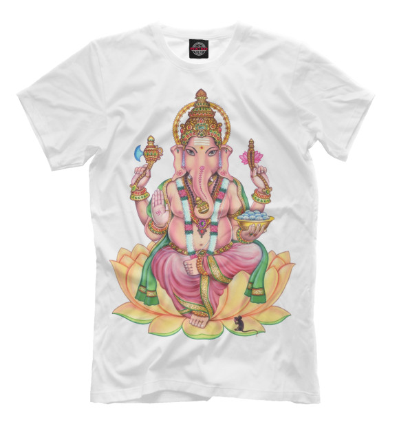 Футболка для мальчиков с притом Ганеша на лотосе цвета Молочно-белый Футболка для мальчиков с изображением Ганеша на лотосе цвета Молочно-белый