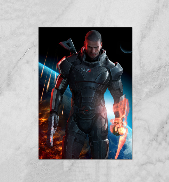 Плакат с изображением Mass Effect — Шепард цвета Белый