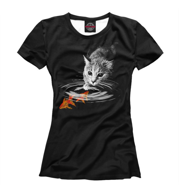 Женская футболка с изображением Кот и рыбка цвета Белый