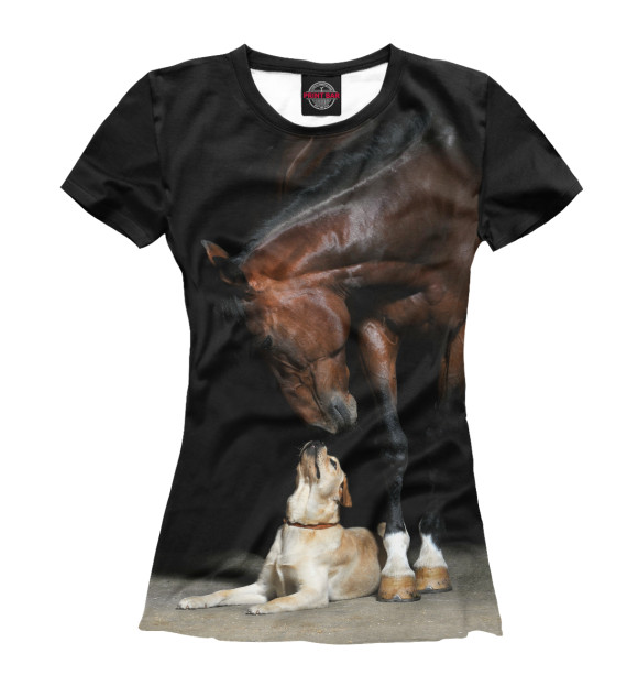Женская футболка с изображением Лошадь и пес цвета Белый