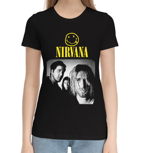 Женская хлопковая футболка с изображением Nirvana цвета Черный