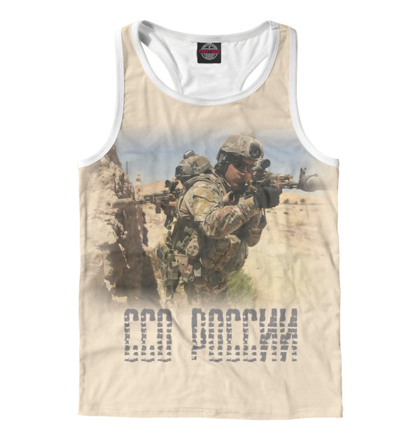 Мужская майка-борцовка с притом ССО России цвета Белый Мужская майка-борцовка с изображением ССО России цвета Белый