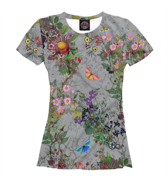 Женская футболка с изображением Цветы и бабочки цвета Белый