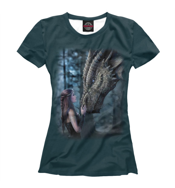 Женская футболка с изображением Девушка и дракон цвета Белый
