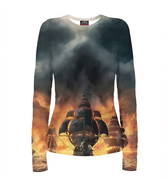 Женский лонгслив с изображением Пиратские корабли цвета Белый