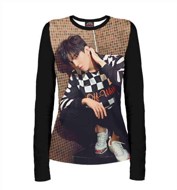 Женский лонгслив с притом Димаш Кудайберген цвета Белый Женский лонгслив с изображением Димаш Кудайберген цвета Белый