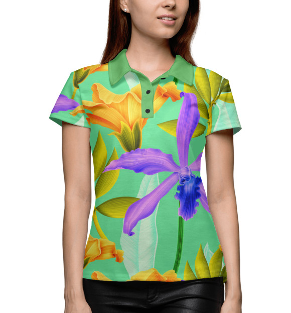 Женское поло с изображением Яркие цветы цвета Белый