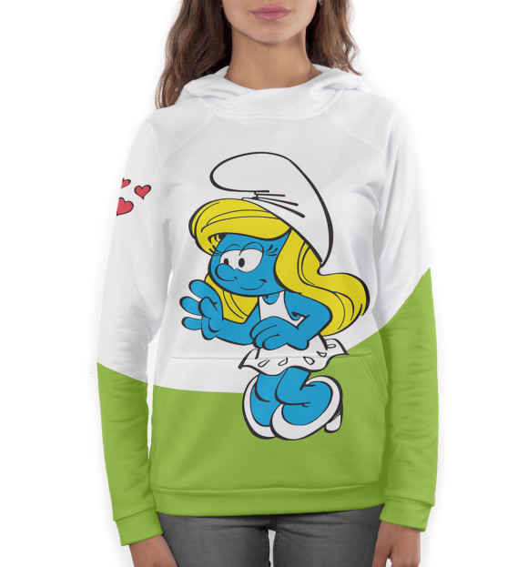 Женское худи с изображением Влюблённые смурфики цвета Белый