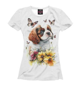 Женская футболка Милый щенок на цветущем лугу