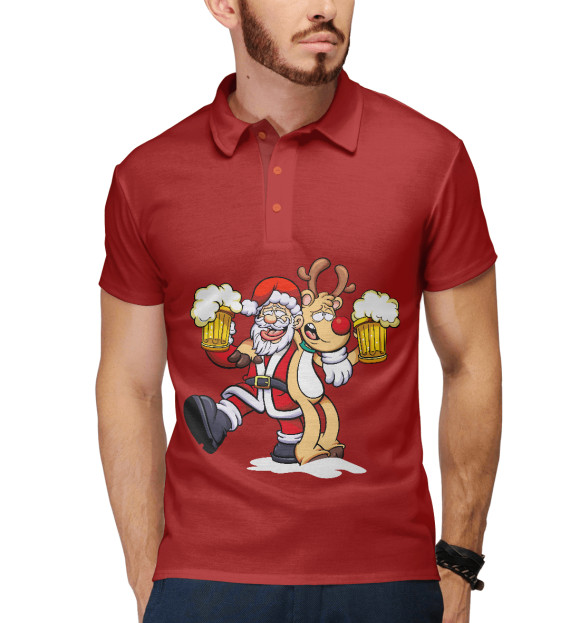 Мужское поло с притом Санта и олень цвета Белый Мужское поло с изображением Санта и олень цвета Белый