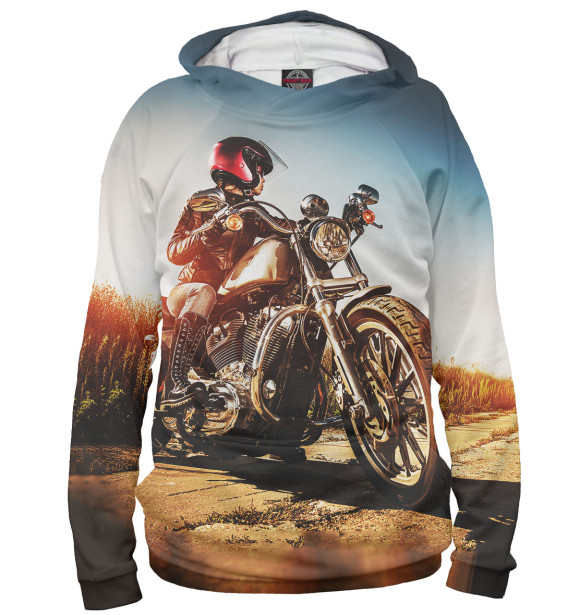 Женское худи с изображением Девушка на мотоцикле цвета Белый