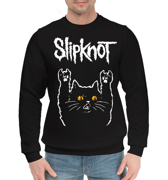 Мужской хлопковый свитшот с изображением Slipknot Rock Cat цвета Черный