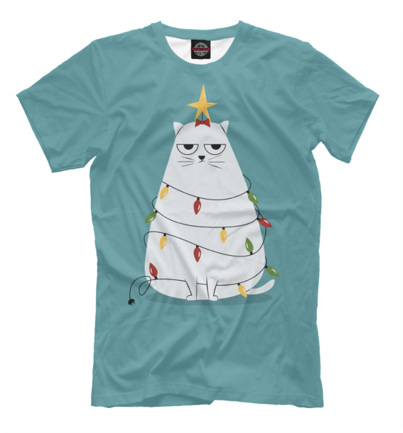 Мужская футболка с изображением Cute christmas cat цвета Серый