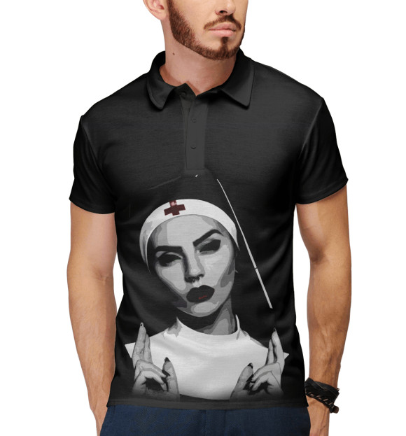 Мужское поло с притом Монашка с артэффектом цвета Белый Мужское поло с изображением Монашка с артэффектом цвета Белый