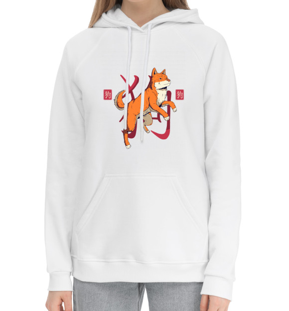 Женский хлопковый худи с изображением Сиба Ину - Акита Ину цвета Белый