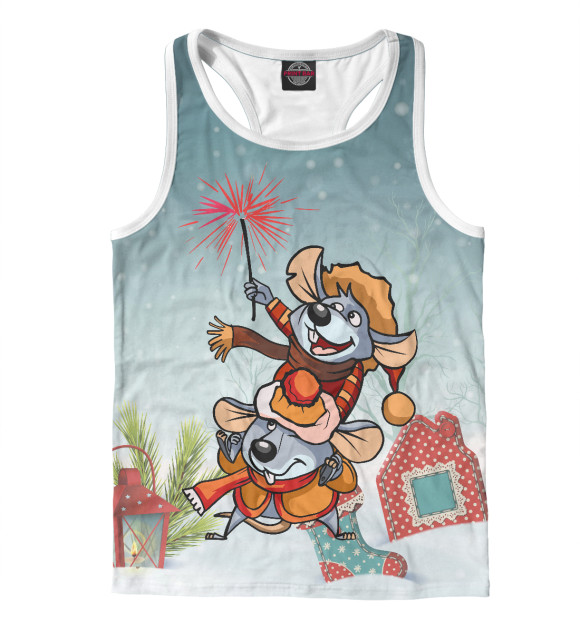 Мужская майка-борцовка с изображением Новогодние мыши цвета Белый