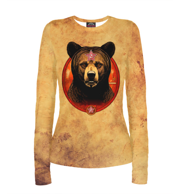 Женский лонгслив с изображением Медведь с красной звездой цвета Белый