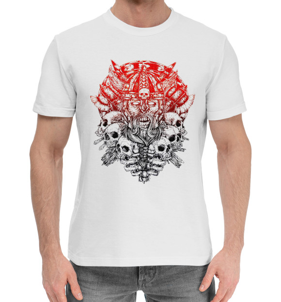 Мужская хлопковая футболка с изображением Воин с черепами цвета Белый