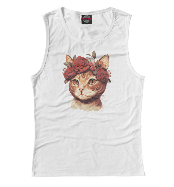 Майка для девочки с изображением Кошка с розами цвета Белый