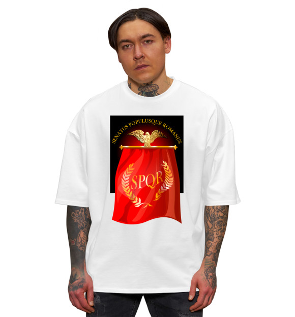 Мужская футболка оверсайз с притом Символ Древнего Рима цвета Белый Мужская футболка оверсайз с изображением Символ Древнего Рима цвета Белый