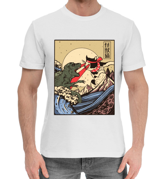 Мужская хлопковая футболка с изображением Japan Catzilla vs Godzilla цвета Белый